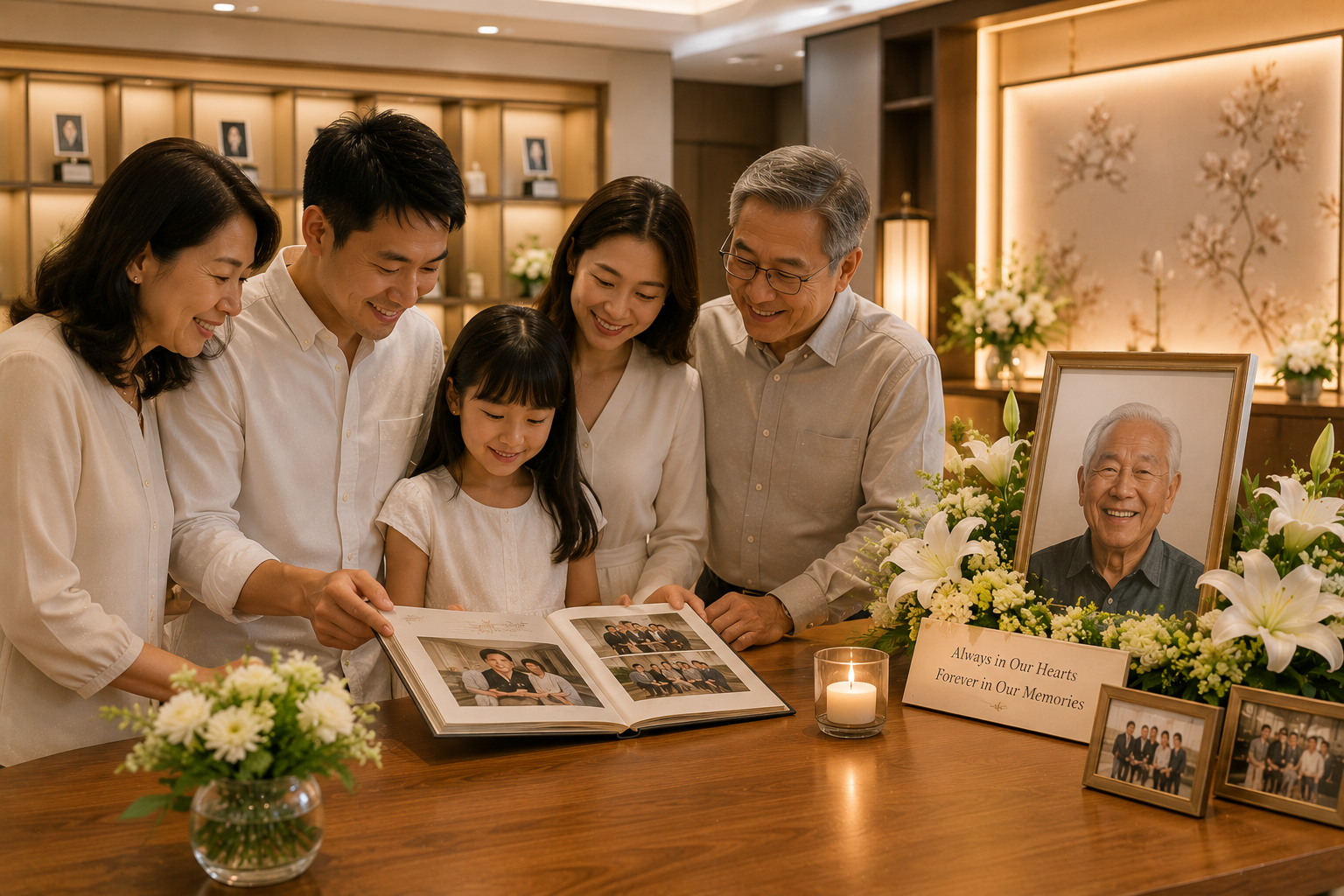 Asian family sharing cherished memories beside an elegant memorial display during a memorial planning consultation in Singapore. planfuneralsg.com - Asian family sharing cherished memories beside an elegant memorial display during a memorial planning consultation in Singapore.
