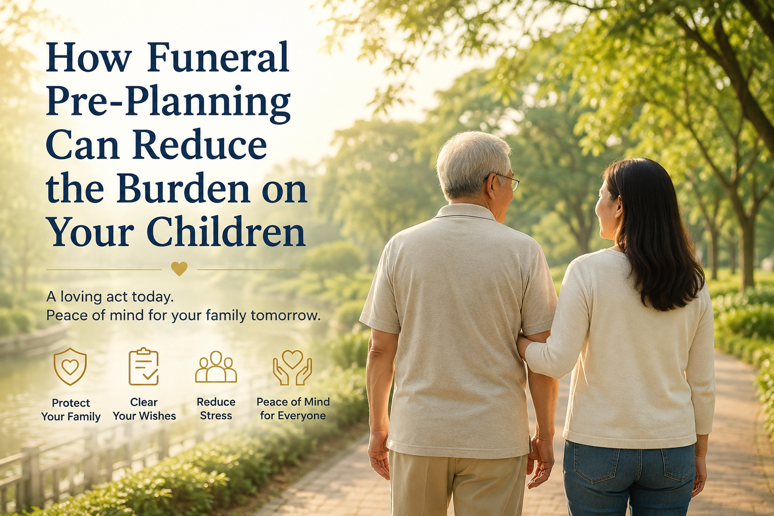 Elderly father walking with his adult daughter in a peaceful garden, representing funeral pre-planning and reducing the burden on children in Singapore.