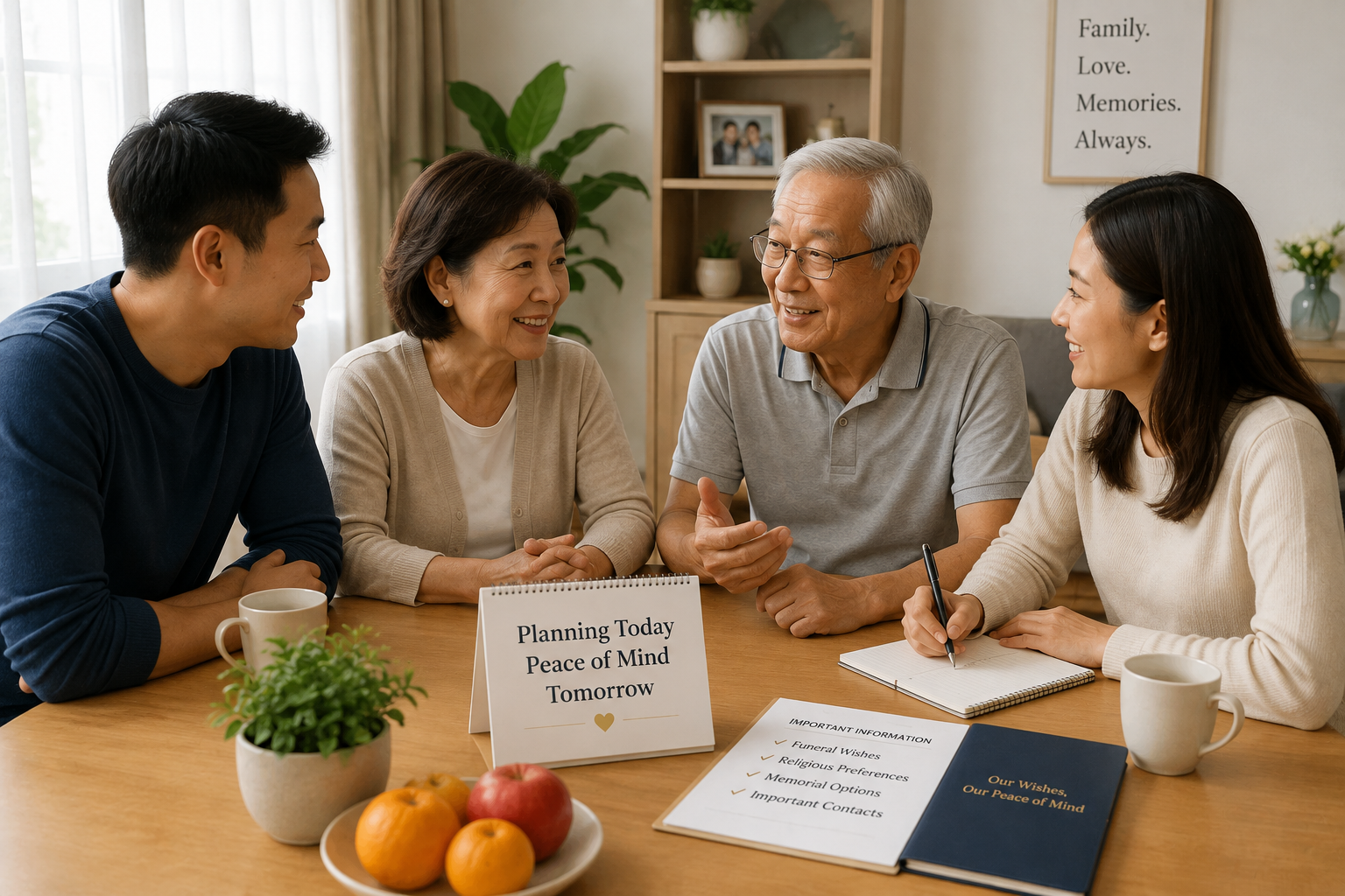Singapore family discussing funeral pre-planning together at home to clarify wishes and reduce stress for their children.