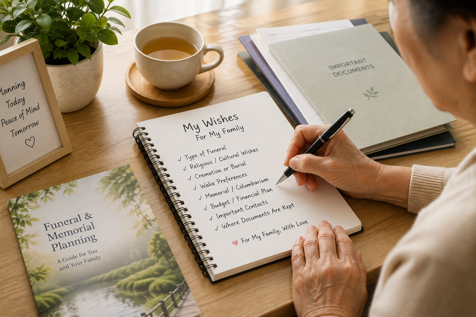 Older adult documenting funeral wishes and important arrangements as part of funeral pre-planning in Singapore.