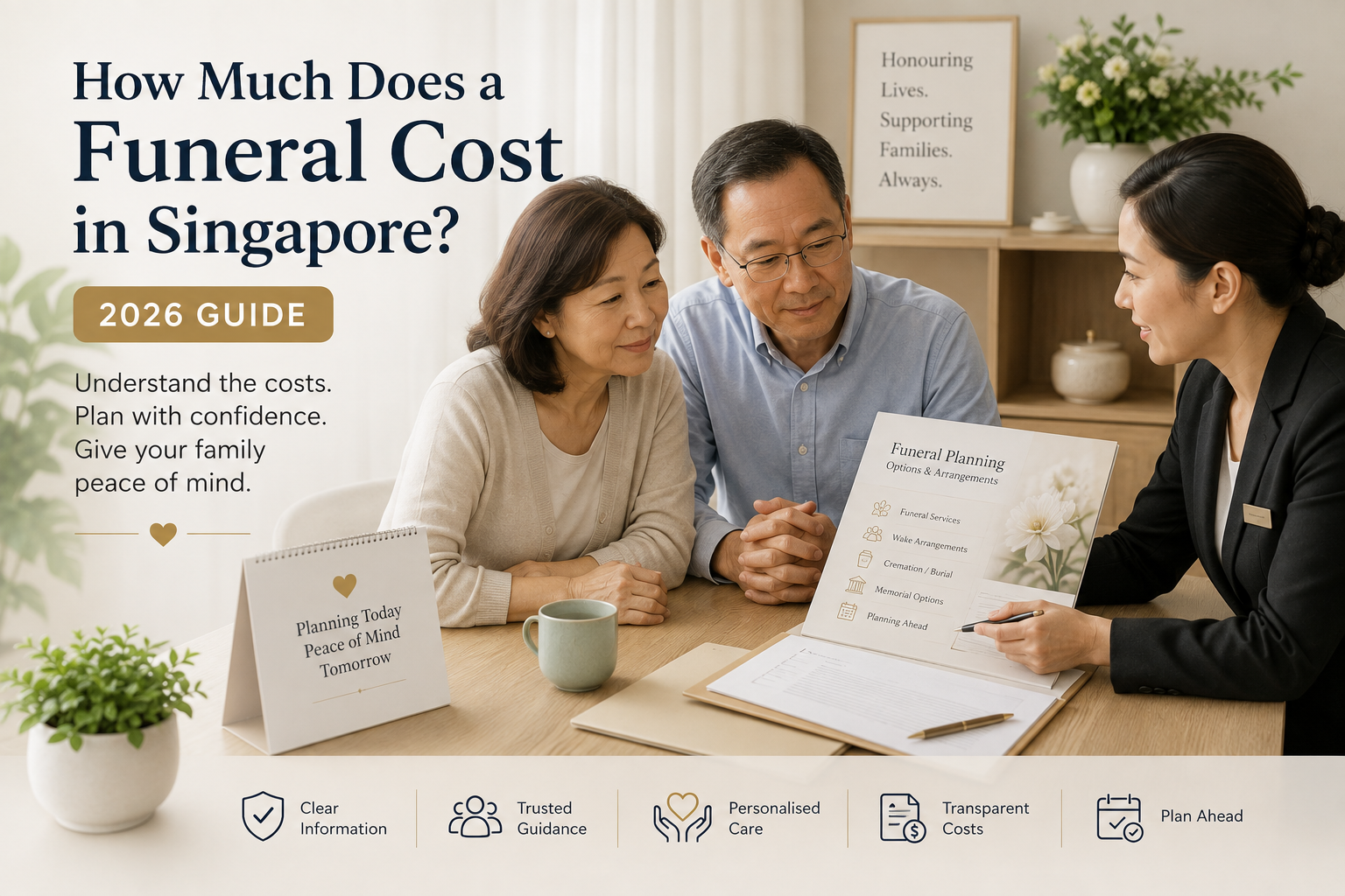 Singapore couple discussing funeral costs and pre-planning options with a funeral planning consultant.