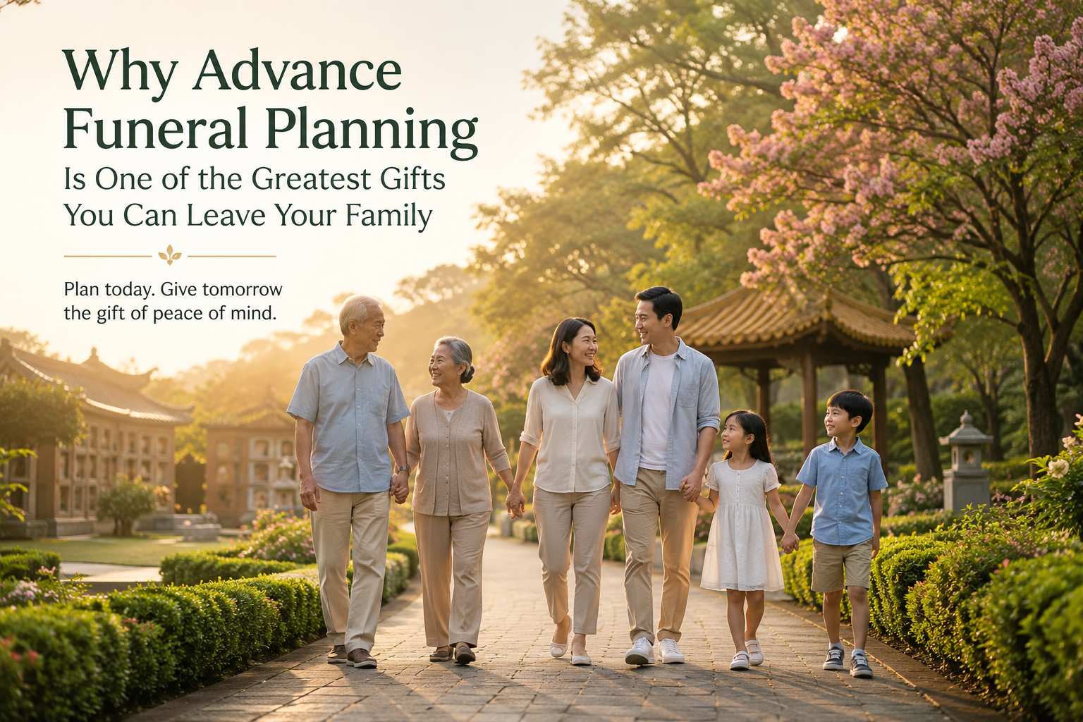 A multi-generational family walking together through a peaceful memorial garden, symbolising advance funeral planning and peace of mind for loved ones in Singapore.