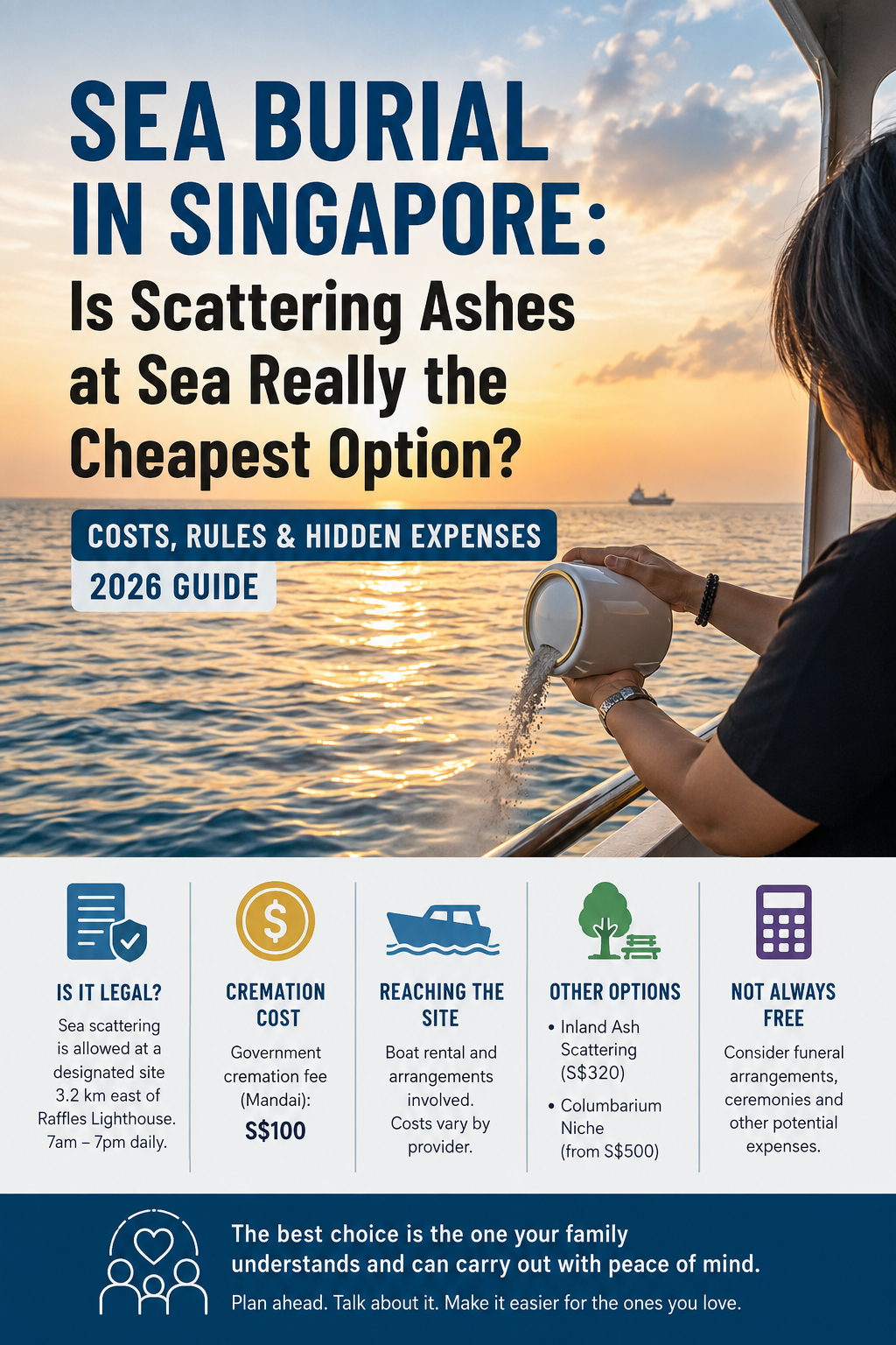 Sea burial in Singapore showing cremated ashes being scattered at sea, with information on costs, rules and alternative ash arrangements.