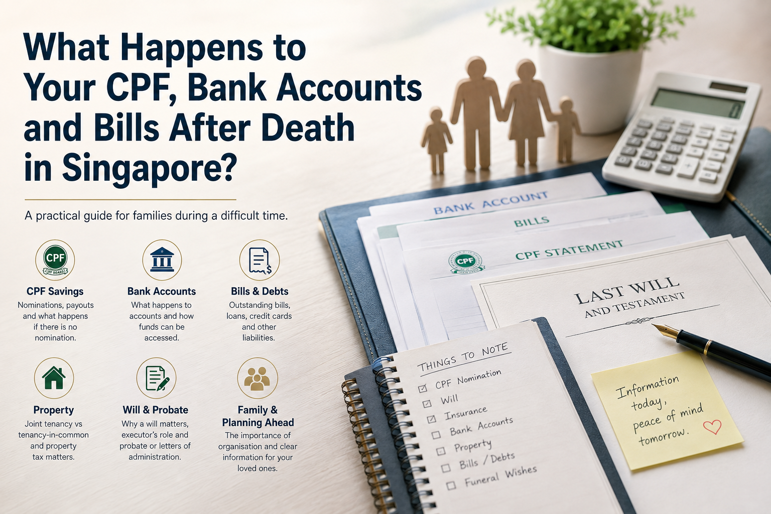 CPF, bank accounts, bills, property and will planning after death in Singapore, including CPF nomination and estate administration.